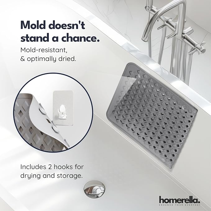 Bathtub Mat Non Slip 35x16 - homerella® Bath Mat Incl. Hooks for Drying, Extra Long, 100% BPA Free, Shower Mat Non Slip Anti Mold, Machine Washable, Shower Mats for Inside Shower Mildew Resistant