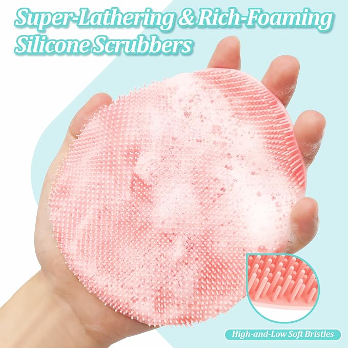 Silicone Back & Face Scrubber & Bath Glove Set 3PCS, 13.4'' Gentle Back Scrubber with Dual-Side Head, 360° Anti-Slip Bath Glove, Unique Side-bristled Face Scrubber for All-Round Cleaning(Pink)