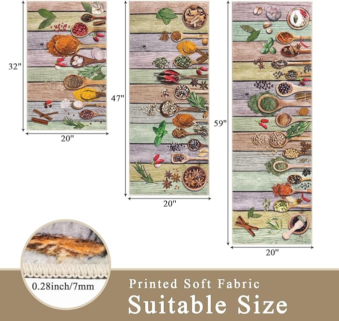 Vaukki Boho Kitchen Rug Sets 3 Pieces, Washable Kitchen Mats for Floor, Non Slip Soft Kitchen Area Rug Floor Mat for Kitchen, Laundry Room and Hallway (Spice-Colorful, 20''x32''+20''x47''+20''x59'')