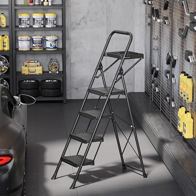 KINGRACK 4 Step Ladder with Tool Platform, Sturdy Step Stool, Anti-Slip Wide Pedals, Handrail, Foldable Step Ladder, Pass 900LBS Testing, Multi-Use for Home, Garage, Garden, Painting, Black