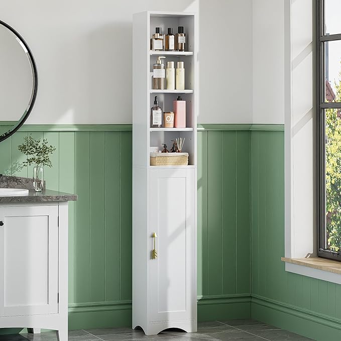 VECELO 71" Tall Narrow Storage Cabinet, Bathroom Storage Slim Freestanding Cabinet with Door & 6 Adjustable Shelves, Anti-Tip Design for Small Space, Kitchen, Living Room, White