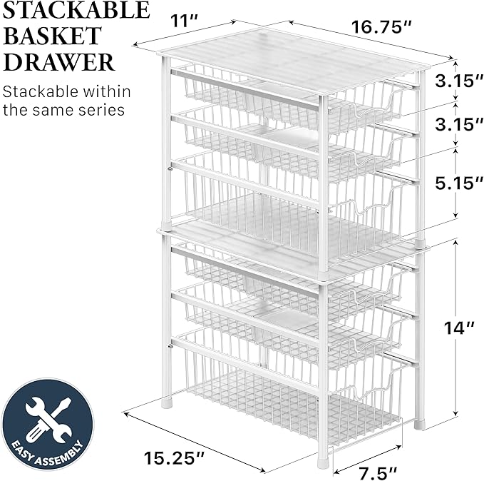 Simple Houseware Stackable 3 Tier Sliding Basket Organizer Drawer, White