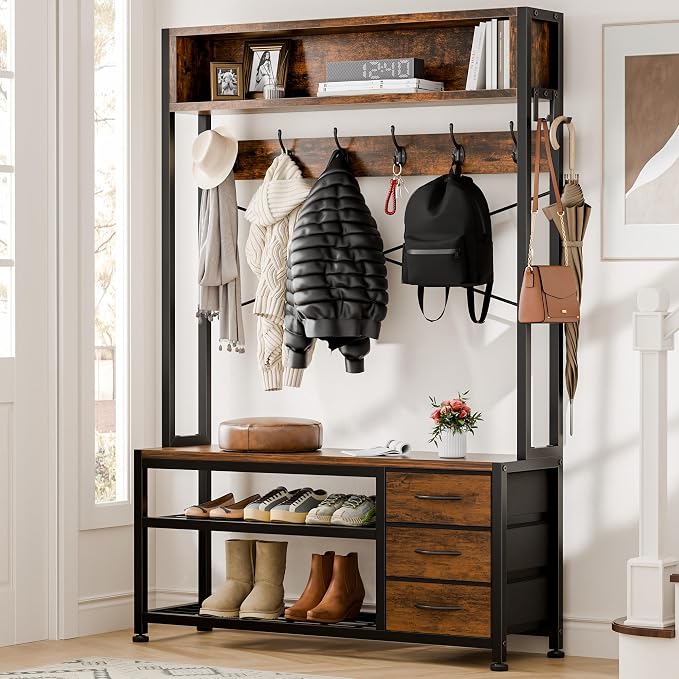 Lulive Hall Tree with 3 Drawers, Industrial Entryway 39.4" Coat Rack Shoe Bench, Freestanding Mudroom Organizer with 12 Hooks, Top Shelf Storage (Rustic Brown)