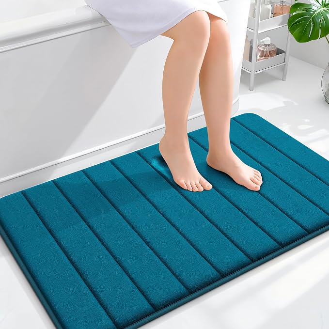 OLANLY Memory Foam Bath Mat 40x24, Super Soft Absorbent Bathroom Rugs, Quick Dry, Machine Washable Shower Floor Rugs, Bathmat Carpet, Bathroom Home Decor Accessories, Peacock Blue