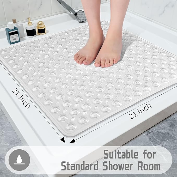Yimobra Shower Mat 21X21 Inch Square, Non Slip Bathtub Mat with Large Suction Cups&Drain Holes, Soft Fast Dry Shower Stall Mats for Inside Shower, Machine Washable BPA-Free, Bath Essentials, Clear