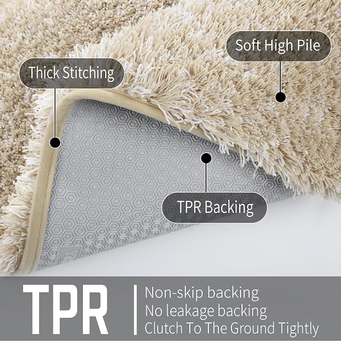 Yimobra Toilet Rugs U Shaped 24X20, Ultra Soft and Water Absorbent Bath Mats, Non Slip Fluffy Luxury Microfiber Contour Bath Rugs for Toilet, Dry Quick, Machine Washable, Light Beige and White