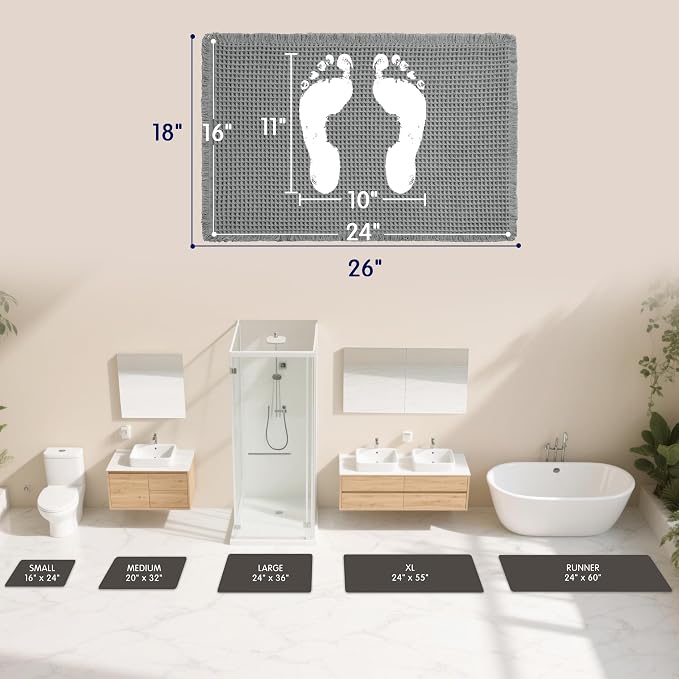 SUBRTEX Waffle Braided Bath Mat, 18" x 24" Soft Waffle Bath Rugs, Absorbent Non Slip Bathrooom Mats, Machine Washable Area Rug for Bathroom, Quick Dry, Gray