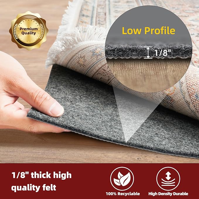 BAGAIL Felt and Natural Rubber Backing Rug Pads 1/8” Thick, 8 x 11 Ft Non Slip Rug Gripper Keep Rugs in Place, Under Area Rug Protective Cushioned Pads, Carpet Runners, Hardwood Floors Protection