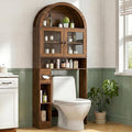 Arched Over The Toilet Storage Cabinet with Glass Doors, Above Toilet Bathroom Organizer, 4 Tier Bathroom Cabinet Shelves with Toilet Paper Holder, Mid Century Modern Storage Rack, Tall, Wide, Walnut