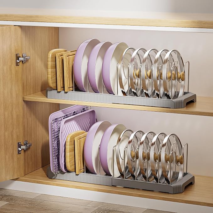 MUDEELA Pot Lid Organizer Rack for Cabinet, Expandable Pots and Pans Organizer under Cabinet with 12 Adjustable Dividers, Pan Organizers Holder inside Cabinet for Cutting Boards, Baking Sheets, Grey