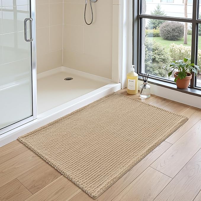 DEXI Bathroom Rugs 36x24, Non Slip Washable Bath Mat, Absorbent Chenille Bathmat, Ultra Soft Thick Carpet for Tub Shower Floor, Beige