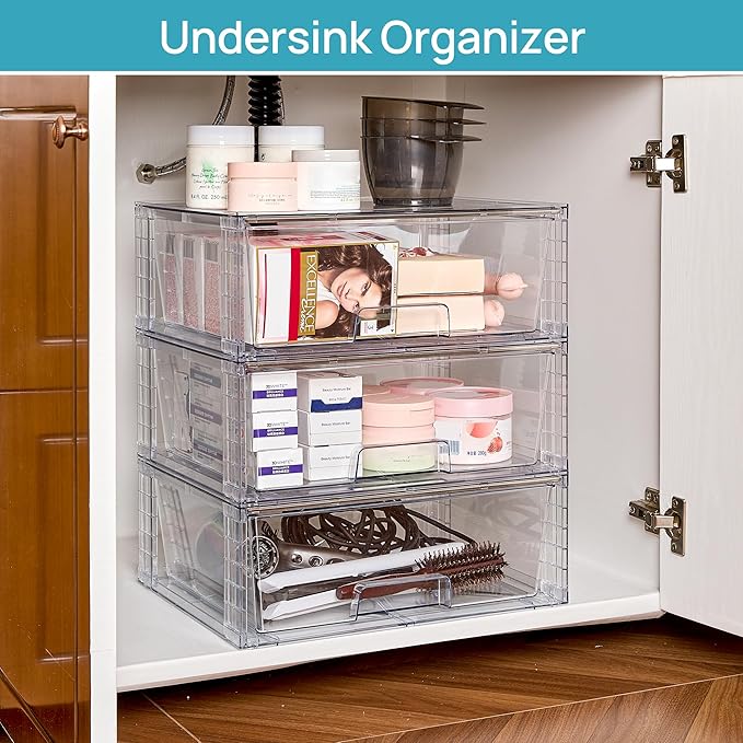 Vtopmart 6 Pack Large Stackable Storage Drawers,Easily Assemble Clear Acrylic Bathroom Closet Undersink Organizers,Plastic Storage Bins for Cabinet,Kitchen Pantry,Medicine Organization