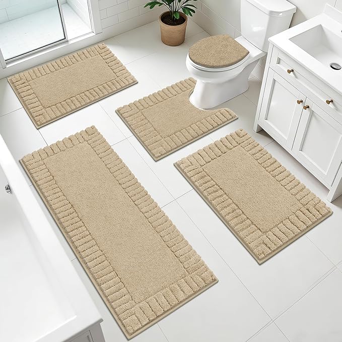 Pauwer Bathroom Rugs Set 5 Piece Non Slip Washable Bath Mat Set with U Shaped Contour Toilet Rugs Plush Absorbent Microfiber Shower Mat and Toilet Lid Cover for Bathroom, Beige
