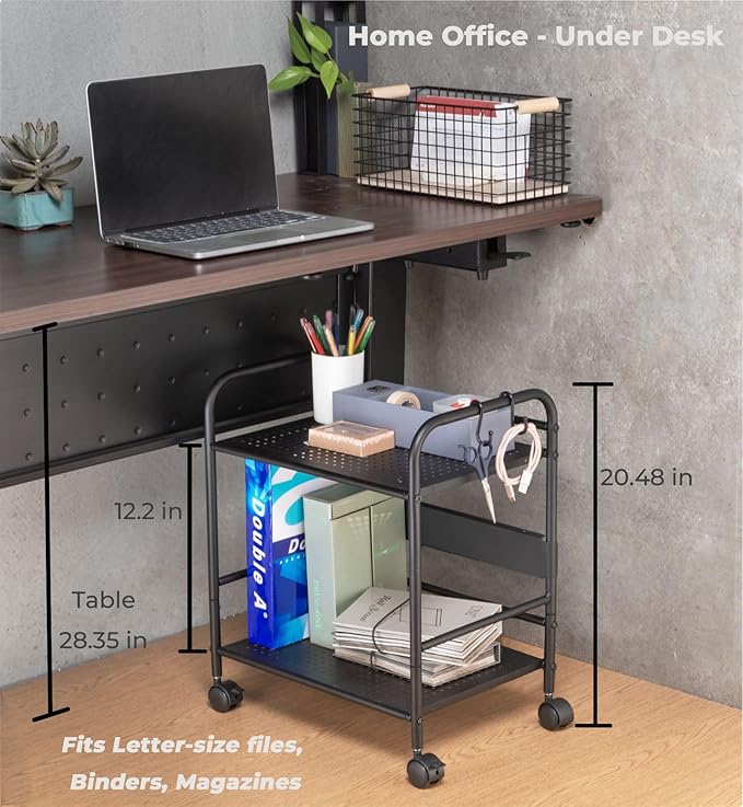 2-Tier Metal Rolling Cart, Under Desk Storage with 12.2" Shelf Clearance, Anti-Drop Guard & Hooks, Compact Utility Cart for Kitchen, Office, Laundry, Bathroom, Pantry, Living Room - Black