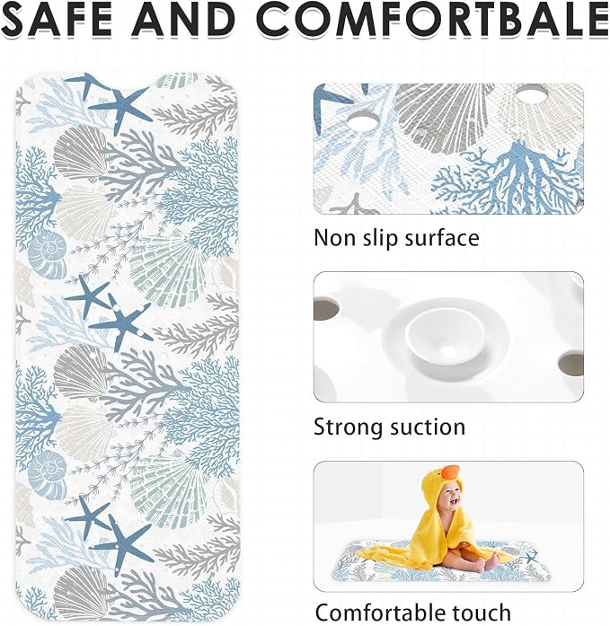 Sea Shells Coral Seashell Bath Mat Non Slip, Starfish Underwater 40X16 Inch Extra Long Bathtub Shower Mat for Tub Anti Slip with Suction Cups and Drain Holes for Kid Adult Elderly