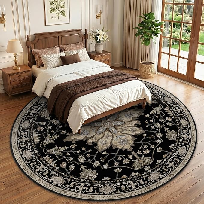 RELEANY Area Rugs Round 10ft Washable Non-Slip, Floral Vintage Distress Medallion Carpet for Living Room Bedroom Dining Room, Black Brown Neutral Dark Tan
