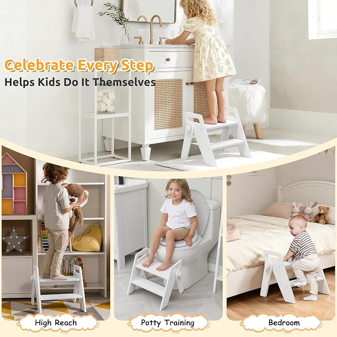 Wooden 2 Step Stool for Toddler Kids Bathroom Foldable 2-Step for Toilet Potty Training, Child Stepping Stool for Kitchen Nursery Bedroom,White