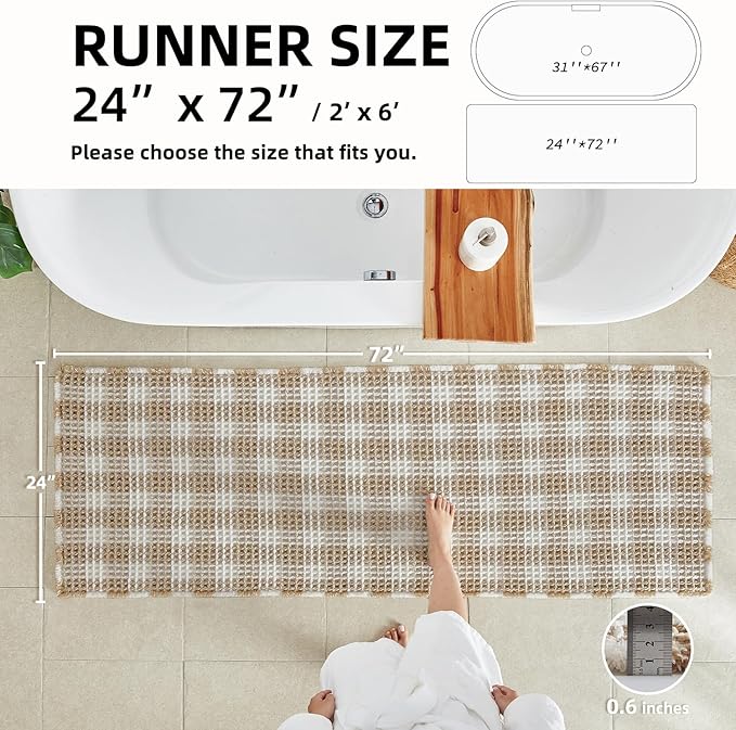 TYUU Waffle Runner Rug Bathroom, Long Boho Bathroom Rugs Non Slip Washable Absorbent Checkered Bathroom Mat Quick Dry Farmhouse Bath Mat, 72"x24" Khaki and White