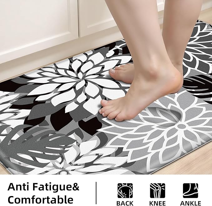 Arenarug Kitchen Mats for Floor 2PCS Cushioned Anti Fatigue Kitchen Mats Waterproof Non Slip Kitchen Mat Rug Set Comfort Foam Standing Mat for Sink, Laundry, Office, 24"x39"+24"x59", Black White