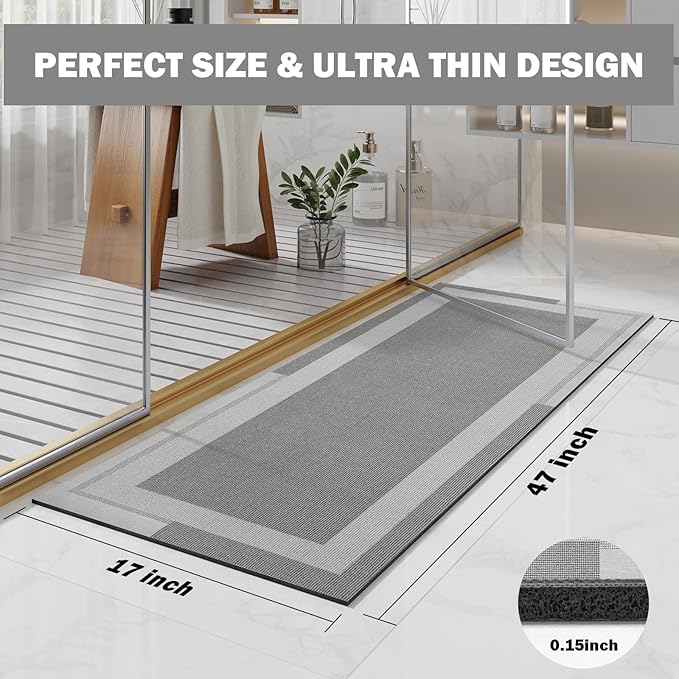 YDKGL Non Slip Long Bath Mat Bathroom Runner, Rubber Backing Ultra Thin Bathroom Rugs Fit Under Door Quick Dry Super Absorbent Washable Bath Rug Shower Mat for Bathtub Sink Floor, Grey 17"x47"