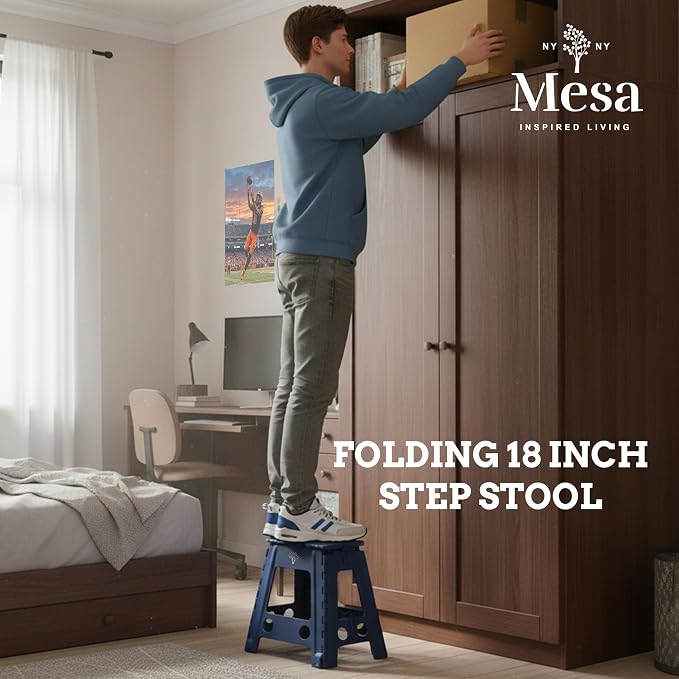Inspired Living 18" Step Stool, Folding Step Stools for Adults, Plastic Foldable Step Stools Kids, Holds Up to 330 lbs, Collapsible Folding Stool for Kitchen, Bathroom, Bedroom (Navy, 18" High)