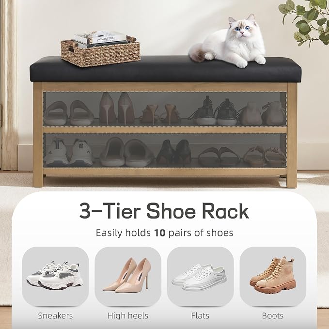Zihanhome Shoe Rack Bench with Leather Cushion, 2 Tier Solid Wood Storage Bench, Mid-Century Modern Shoe Bench for Entryway, Hallway, Closet, Front Door Entrance, Foyer (Black, 46.5)