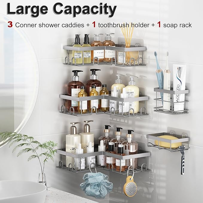 Liuoud Corner Shower Caddy 5 Pack, Rustproof Stainless Steel Shower Organizer with Soap Rack Toothbrush Holder, Large Capacity Adhesive No Drilling Bathroom Kitchen&Home Decor Set, Grey