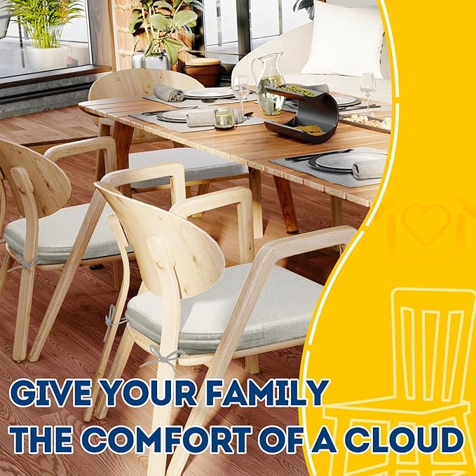 AAAAAcessories D-Shaped Chair Cushions, 2" Thick Dining Chair Pads with Ties and Removable, Machine-Washable Cover, 17" x 16", Set of 4, Natural Linen
