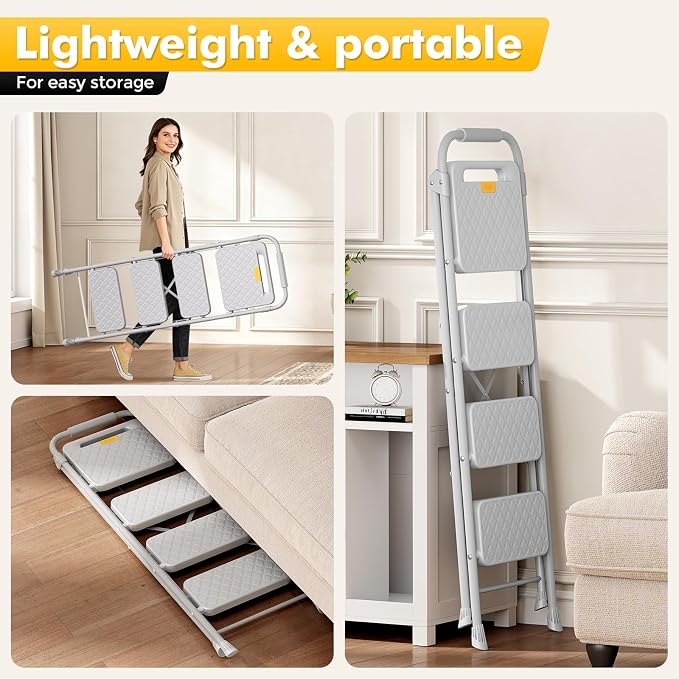 KINGRACK 4 Step Ladder, Folding Step Stool with Safety Lock & Sturdy Anti-Slip Pedals, Pass 800lbs Load Testing, Lightweight, Portable Steel Ladder with Handrails for Home, Kitchen, Garage, Office