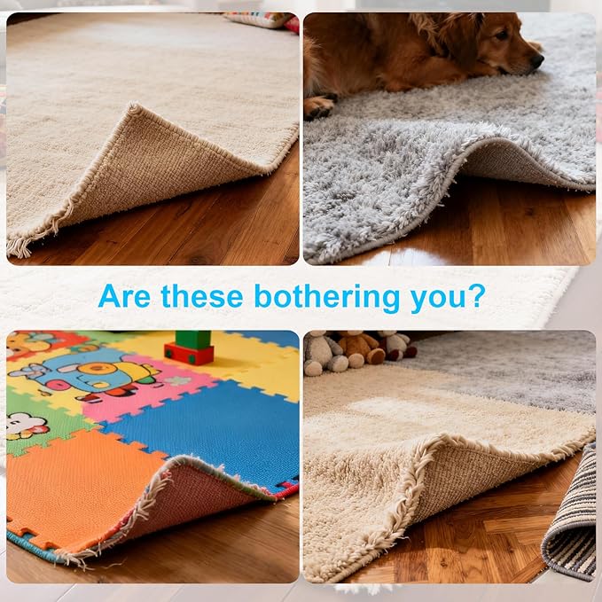 8 PCS Triangle Rug Tape, Double-Sided Non Slip Carpet Grippers, No Residue No Damage Anti-Curling Rug Pads, Keep Corners Flat for Hardwood Floors Tiles and Area Rugs