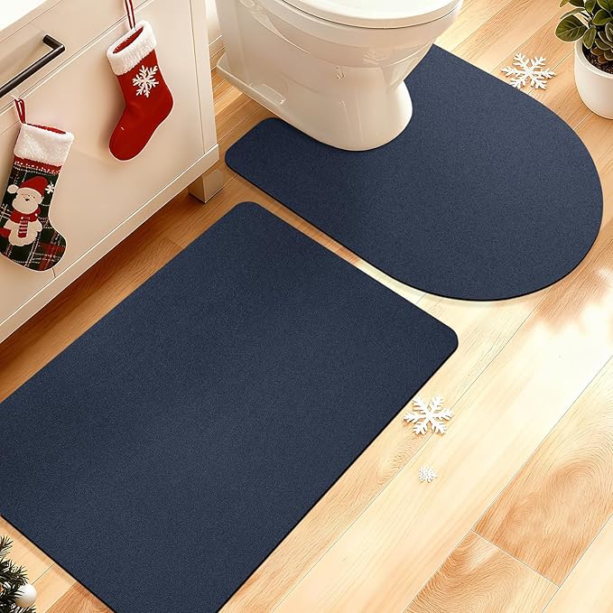 ACCUMTEK Non Slip Bath Mat, Thin Bathroom Rugs Fit Under Door, Quick Dry Bath Mats, Machine Washable Bath Rugs for Bathroom, Bathtub & Kitchen, Bathtub, Dark Blue/Solid/2 Piece