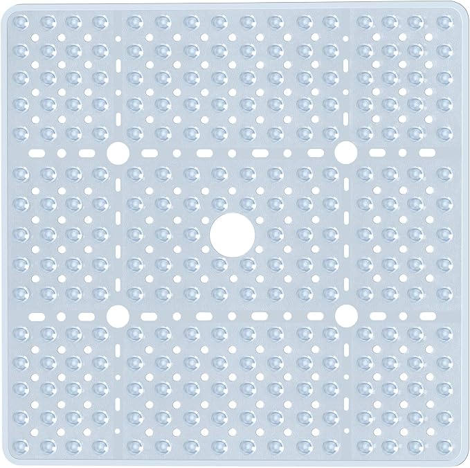 Large Square Shower Mat 27 x 27 Inch Clear, Non Slip Shower Bathtub Mats for Inside Shower With Big Suction Cups Drain Holes, Anti Slip Bathroom Floor Shower Stall Mats, Easy Clean, BPA-Free