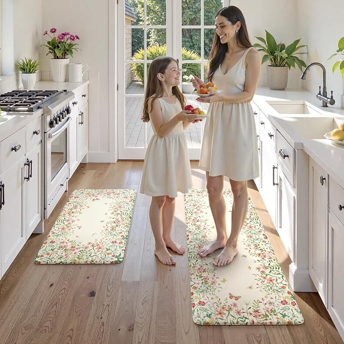 KIMODE Anti Fatigue Kitchen Mats for Floor 2 Piece, Cushioned Floral Kitchen Rugs, Memory Foam Kitchen Floor Mats, Summer Standing Desk Mats for Laundry Office Sink Beige 17"x47"+17"x29"