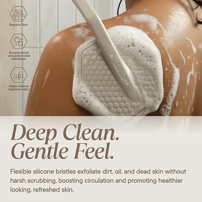 TOOLETRIES Silicone Back Scrubber for Shower, Exfoliating Body & Bath Brush, Long Ergonomic Handle, Non-Slip Grip for Hard-to-Reach Areas, Hygienic Silicone Bath Accessory for Men & Women - Sand
