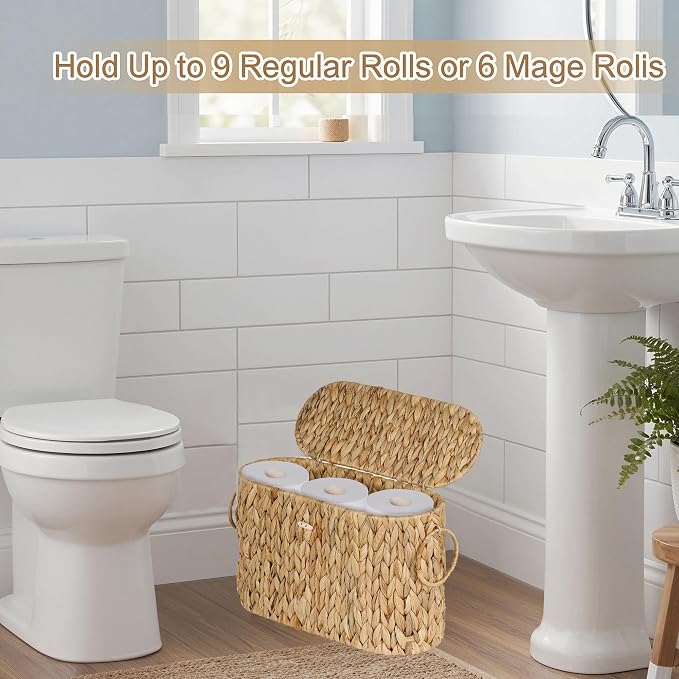 efluky Toilet Paper Storage Basket, Water Hyacinth Slim Toilet Paper Holder with Lid- Holds Up to 9 Mega Rolls, Home Bathroom Decor Organizer