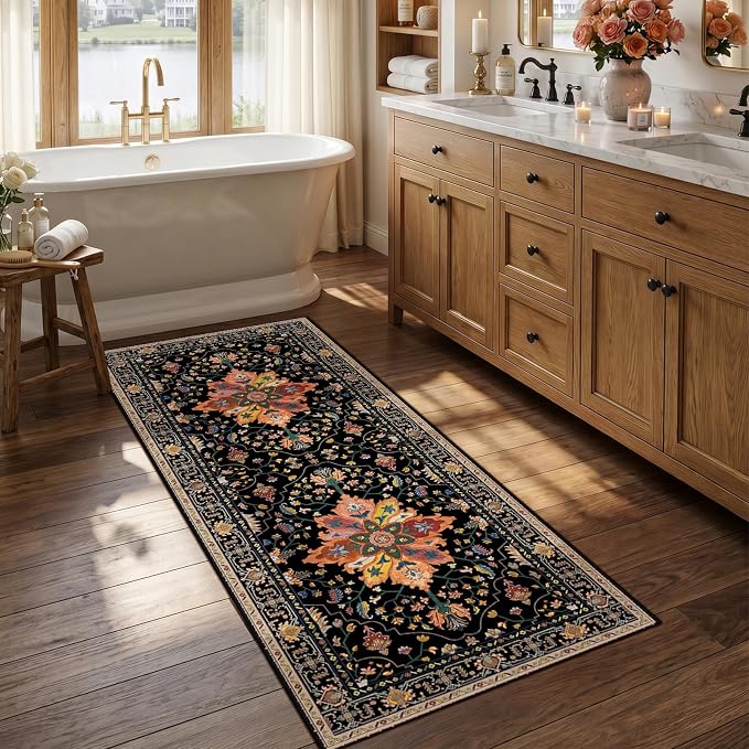 RELEANY Area Rugs Runner 2'6"x5' Washable Non-Slip, Floral Vintage Distress Medallion Carpet for Kitchen Hallway Bedroom Beside Laundry Room Bathroom, Black Colorful Floral Dark Tan