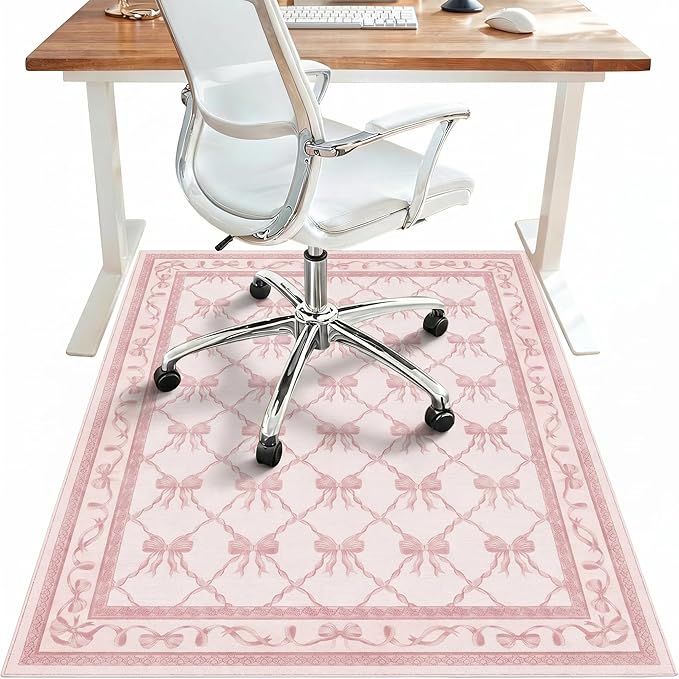 48"x72" Office Chair Mat for Hardwood Tile Floor, Under Desk Carpet Protector for Rolling Computer Chair Mat, Machine Washable Area Rug, Anti-Slip 1/5" Thick Low Pile Thin Vinyl Floor Mat, Baby Pink