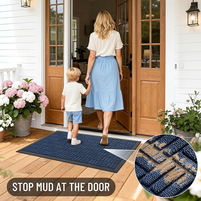 OLANLY Front Door Mat Outside Entrance 59x23, Absorbent, Heavy Duty Sturdy Natural Rubber Doormat Indoor Outdoor, Non-Slip, Stain and Fade Resistant, Low Profile Floor Mat for Entryway, Navy Blue