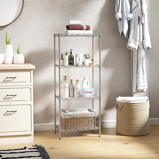 BestOffice | 4-Tier Wire Storage Shelves | 12"D x 18"W x 44"H | Chrome | with Adjustable Racks PP Liners | Compact Metal Shelf, Holds Upto 600 lbs | Ideal for Kitchens Closets Bathrooms Small Corners