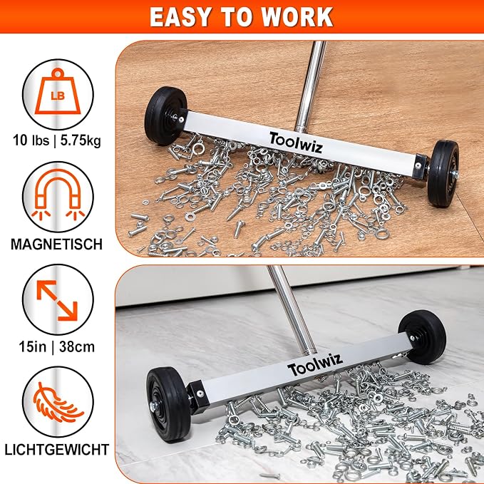 Toolwiz Magnetic Pick Up Sweeper 15-inch Heavy Duty Magnet Pickup Lawn Sweeper Roofing Tools, 10 Lbs Yard Tools Smooth Wheels to Clean Nails Adjustable Handle for Construction