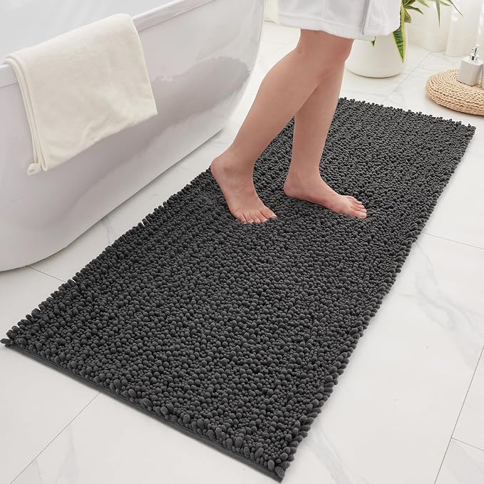 Bathroom Rugs Non Slip Washable 55x24, Extra Thick Soft Chenille Absorbent Bath Mat, High Density Barrier Non Slip Backing, Quick Dry Plush Shaggy Floor Carpet for Tub&Shower, Darkgrey