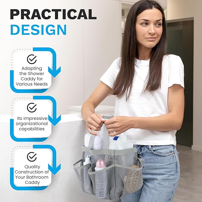 Handy Laundry Mesh Shower Caddy – 7 Pocket Portable Organizer Tote for College Dorm, Gym, Travel & Bathroom – Quick Dry, Collapsible, Lightweight Shower Bag with Handle (Gray)