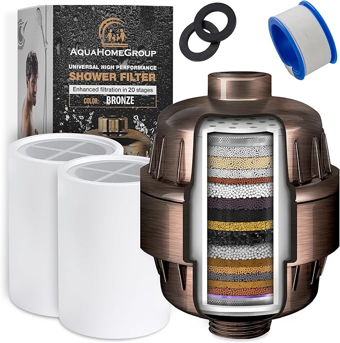 AquaHomeGroup 20 Stage Shower Head Filter with Vitamin C E A - High Output Filters to Reduce Chlorine - 2 Cartridges Included - Consistent Flow Showerhead Filter