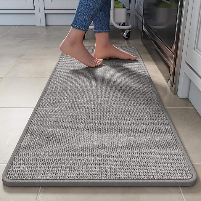 YDKGL Kitchen Rugs Mat Non Slip Washable, Linen-Look 0.3" Thick Soft Cushioned Absorbent Kitchen Mats for Floor, Mild Anti-Fatigue Runner Rug Sink Mat Laundry Standing Mats, Easy Clean, Gray 17"x47"