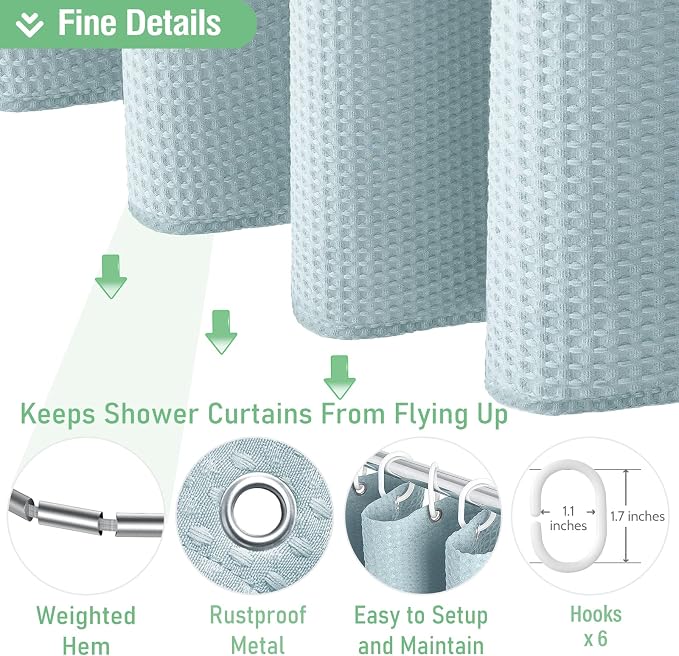 Dynamene Stall Fabric Shower Curtain - 36x72 Waffle Weave Heavy Duty Cloth Shower Curtains for Bathroom, Neutral Weighted Hotel Spa Luxury Bath Curtain Set with 6 Plastic Hooks, Fog Blue