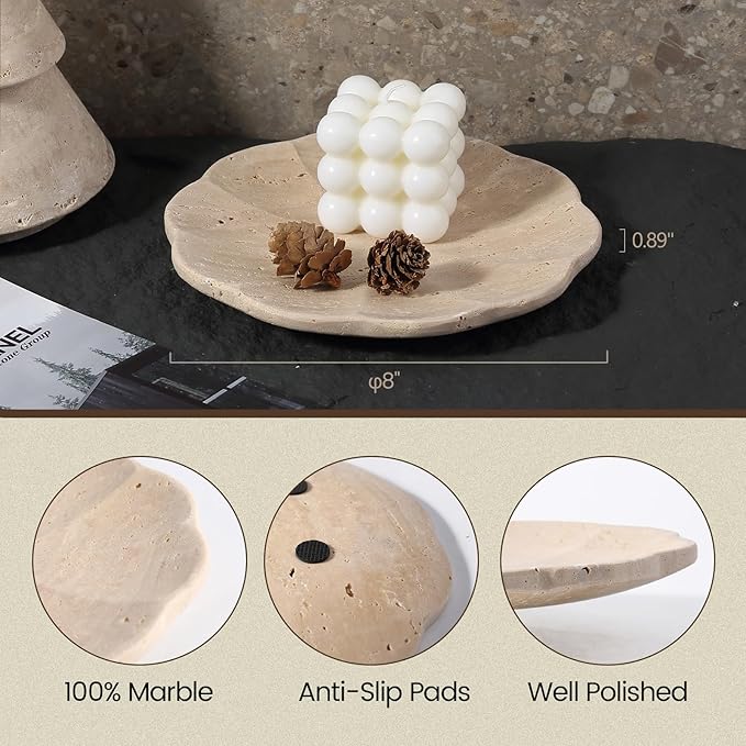 Koville Travertine Tray, 8" Round Marble Vanity Tray for Jewelry Trinket Perfume, Natural Stone Tray for Bathroom Kitchen Dresser Countertop, Scalloped Decorative Tray for Home Table Decor(Beige)