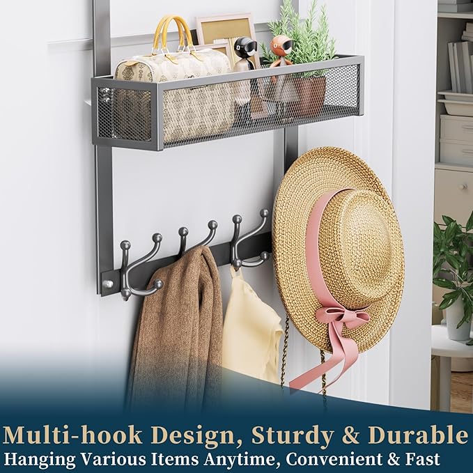 Consumest Over The Door Hooks Organizer - 2 Tier Over Door Hanger with 16 Hooks & 2 Baskets for Hanging Coat, Clothing, Towel, Back Storage for Bathroom, Closet, College Dorm, Grey