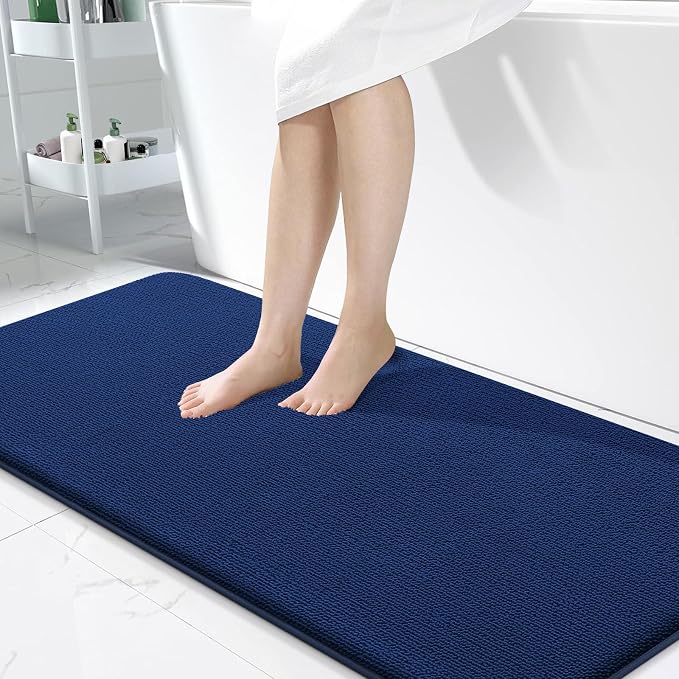 OLANLY Thick Memory Foam Bathroom Runner Rugs 47x24, Extra Soft Absorbent Long Bath Rug, Quick Dry Bath Mats, Non-Slip, Machine Washable Mat for Bathroom, Tub and Shower, Home Decor Accessories, Navy