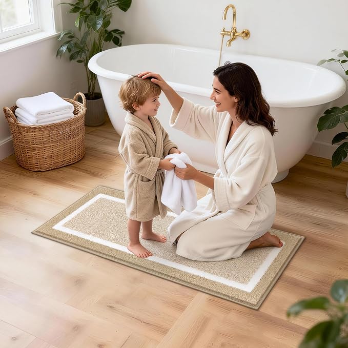 Pauwer 3 Pieces Bathroom Rugs Sets, Microfiber Shaggy Bath Mat Set, Ultra Soft Non-Slip Rug with U Shaped Toilet for Bathroom, Tub, Shower Washable Carpets Set,Beige