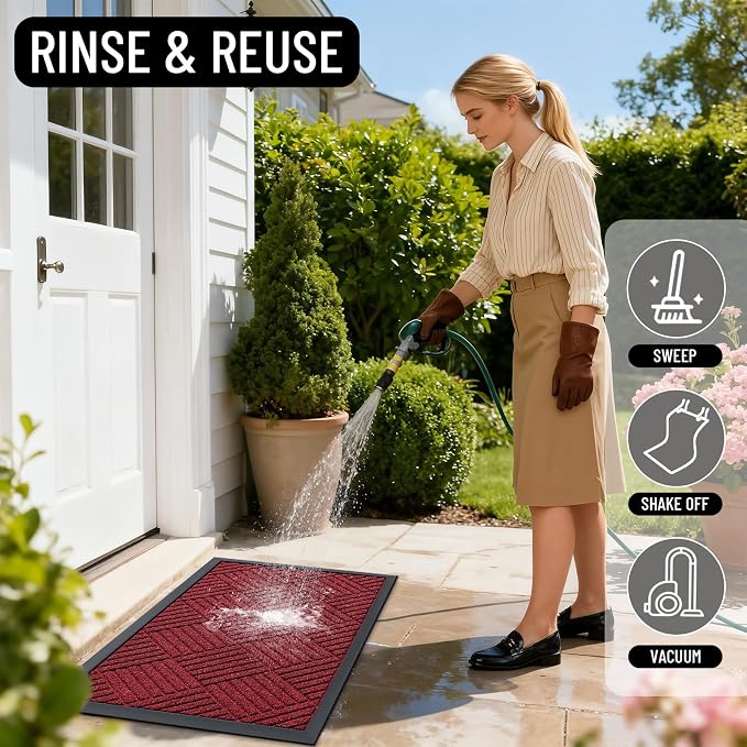 OLANLY Front Door Mat Outside Entrance 33x21, Absorbent, Heavy Duty Sturdy Natural Rubber Doormat Indoor Outdoor, Stain Fade Resistant, Non-Slip Low Profile Floor Mat for Entryway, Black Red Diamond